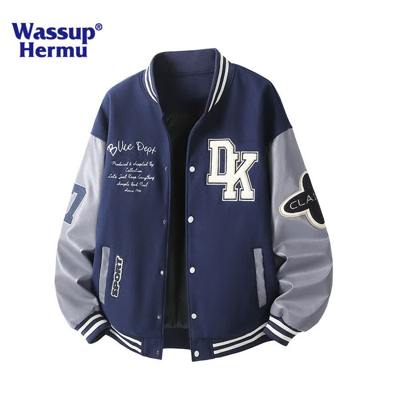 WASSUP HERMU官方外套男春秋季复古撞色棒球服美式刺绣痞帅学生穿搭飞行员夹克 藏青色 XL （推荐135-155斤）