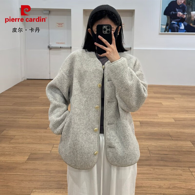 皮尔卡丹（pierre cardin）日单 女装仿羊羔绒摇粒绒休闲开衫长袖宽松外套25秋冬新款Y479616 浅灰色 S