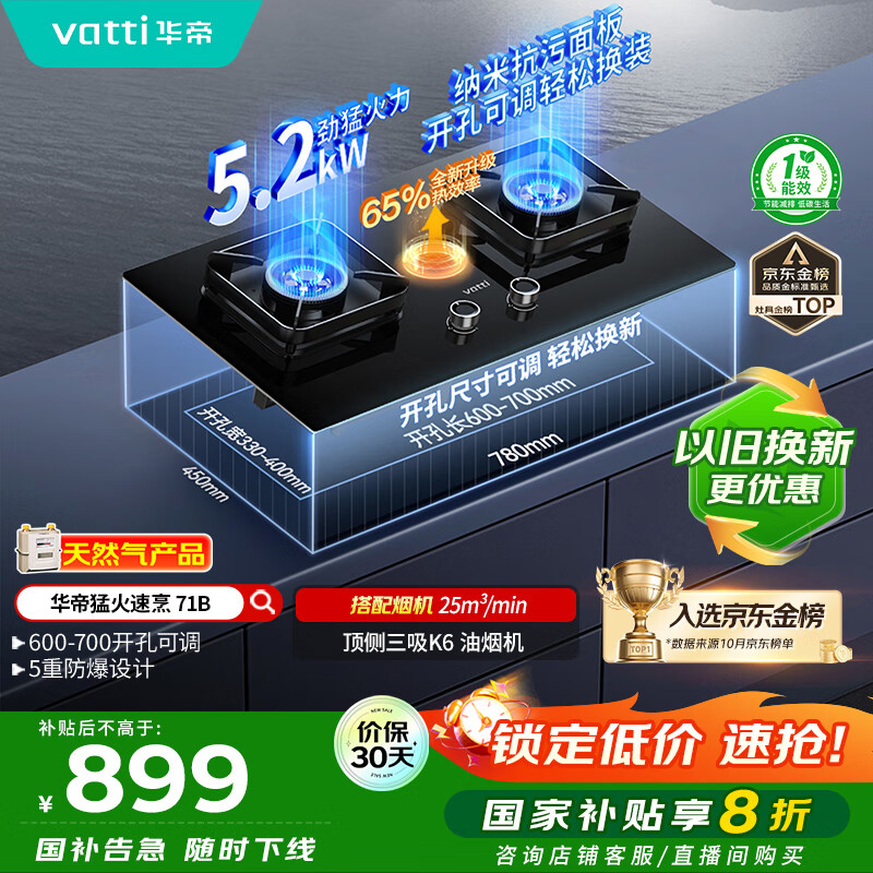 华帝（VATTI）国家补贴20%燃气灶天然气嵌入式台式一级能效5.2kW猛火煤气炉灶双灶台灶具i10071B【天然气产品】