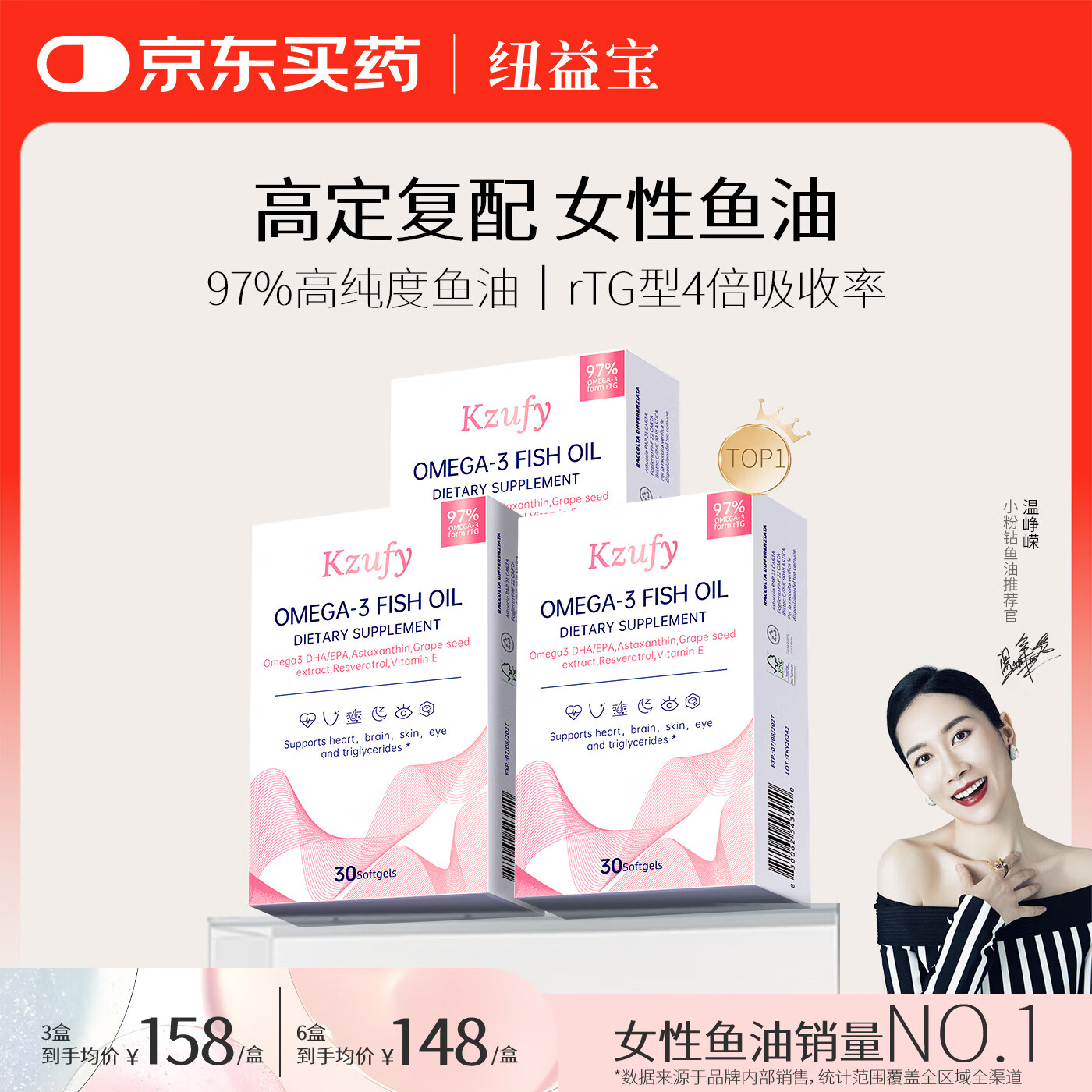 Kzufy 【温峥嵘同款】纽益宝小粉钻鱼油97%高纯深海omega3女性rTG型dha