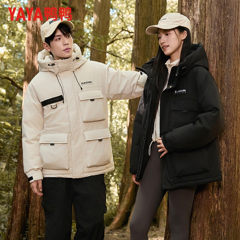 鸭鸭（YAYA）羽绒服男女同款短款连帽厚款600高蓬松情侣保暖冬季新款百搭外套 黑色 3XL 190 (建议140-160斤)