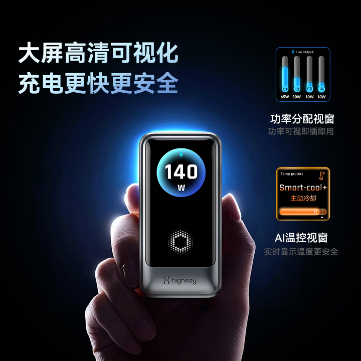 海赛力(Highsay)C1 Pro智显充电器140W超级快充套装氮化镓充电头平板手机电脑多设备通用口type-c适配器 【140W智显快充套装】含240W编织快充线