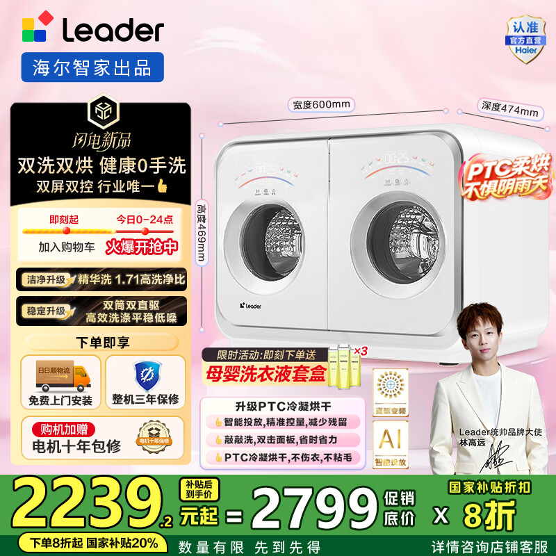 统帅（Leader）海尔智家出品 懒人内衣裤洗衣机洗烘一体机 滚筒分桶2KG迷你双筒双屏全自动双筒智控双桶桌面0手洗 【双筒分区洗】XQGL20-ZHBD671WU1