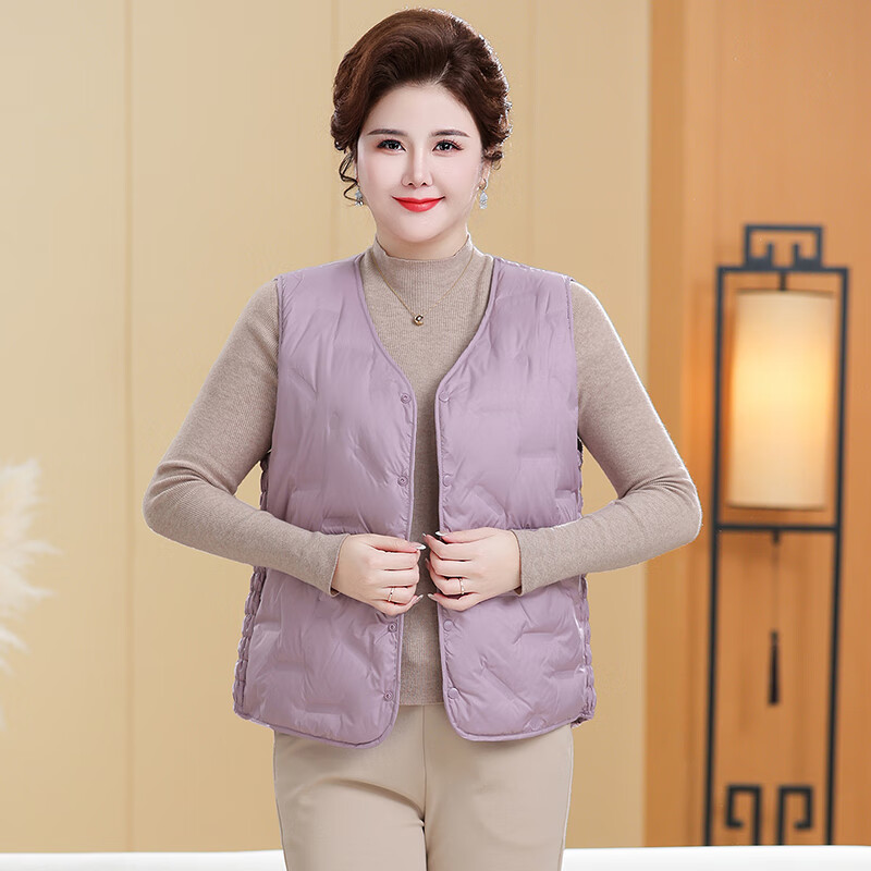 榄舍胖太太羽绒马甲女秋冬季新款内穿外搭保暖背心坎肩中老年妈妈马夹 浅紫色 5XL （建议160-180斤）