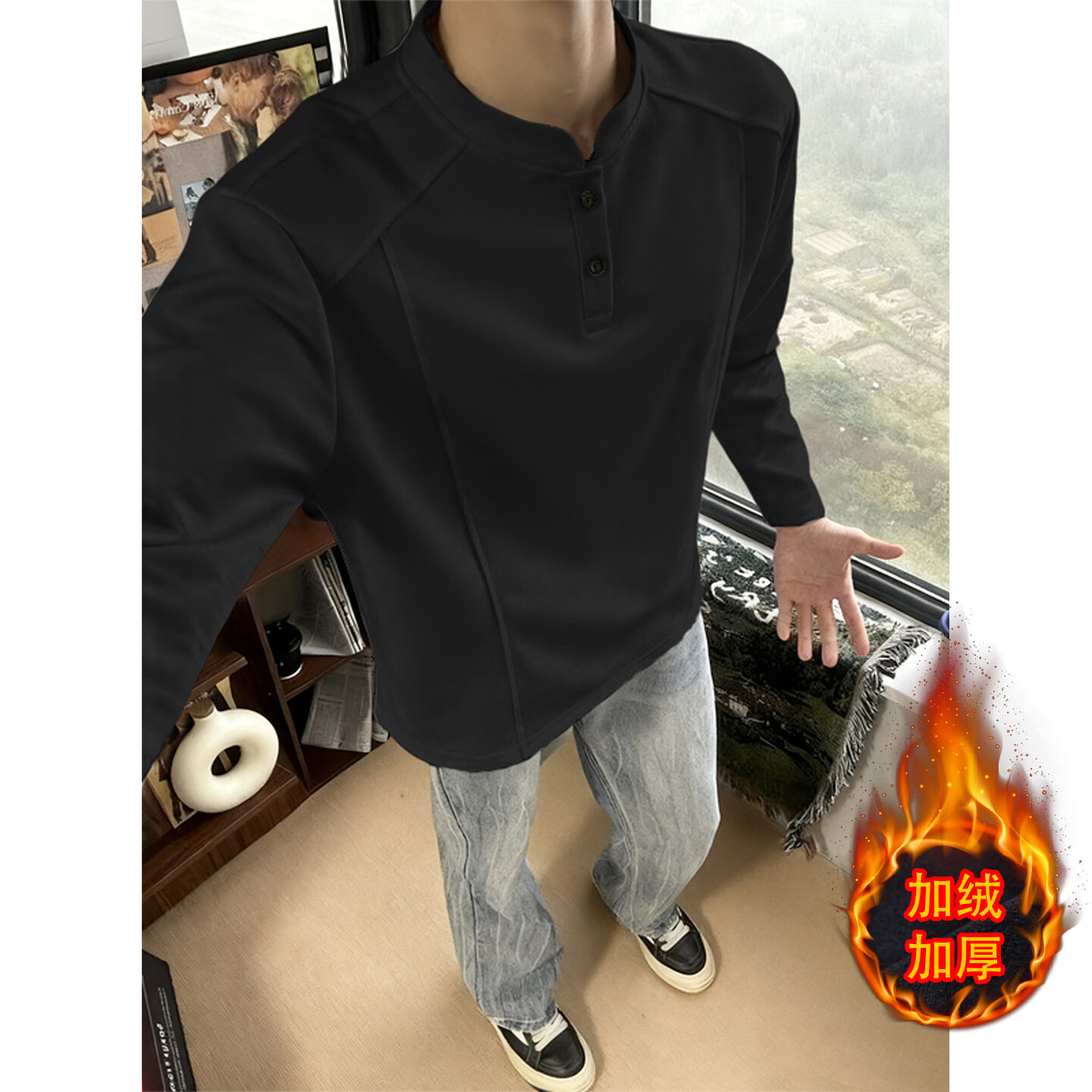 武楠亨利领卫衣男款秋冬季加绒加厚长袖t恤男POLO衫内搭上衣打底衫男 黑色 XL