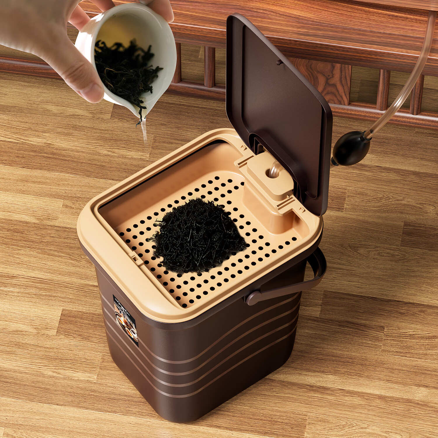 旻胜茶水桶废水桶茶渣桶功夫茶台茶叶过滤分离茶漏茶盘排水配件大容量 黑棕色【10L】茶水桶+排水配件