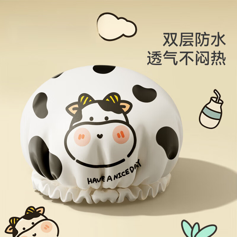 JFHSBS德国浴帽女款防水洗澡双层加厚新款帽家用一次性沐浴帽防湿头发套 2个装【小花熊+快乐熊】双层加厚 强防水