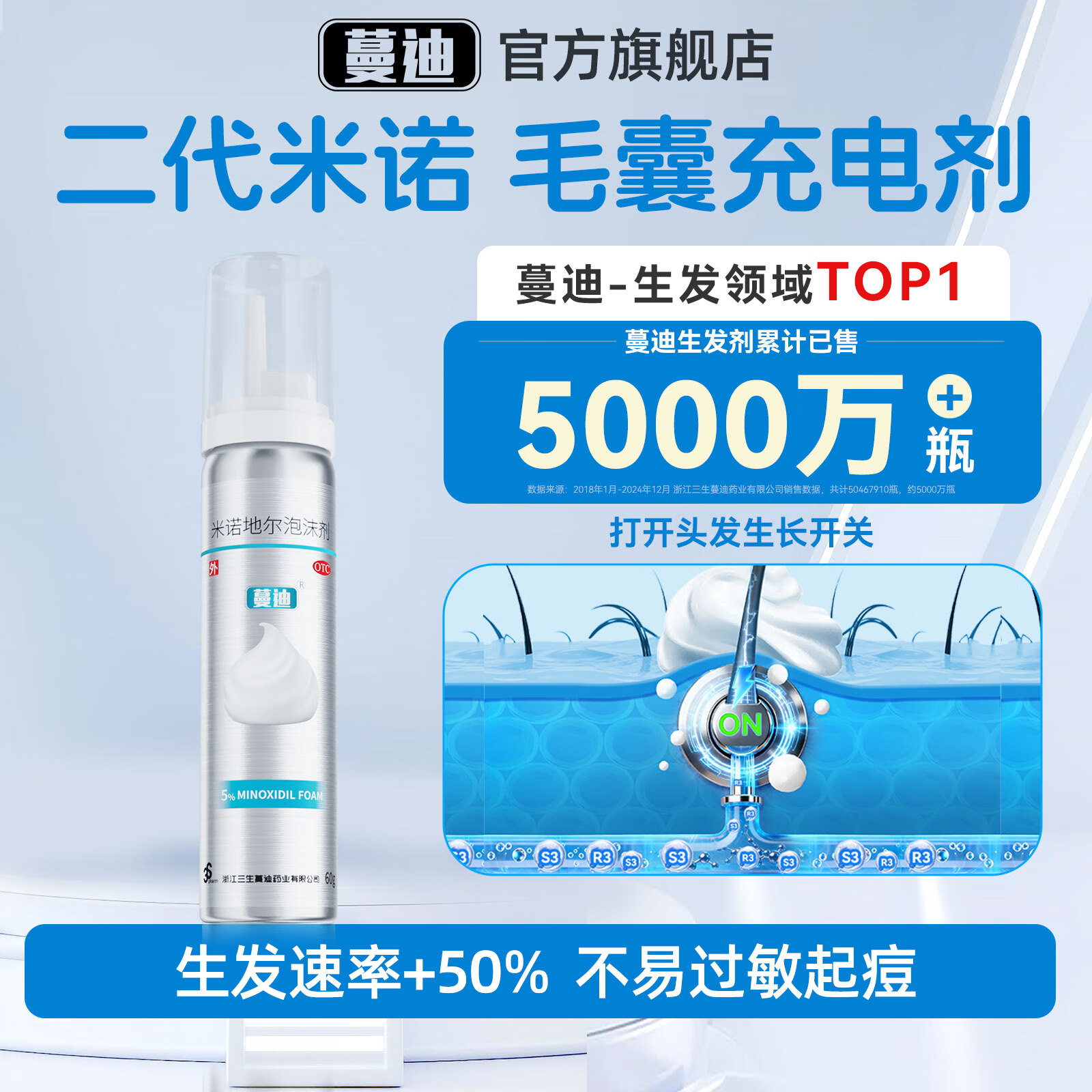 【第二代米诺地尔】蔓迪5%生发泡沫剂60g（倍速生发 温和不起痘）男士专用治脱发防脱育发米洛原液酊搽剂