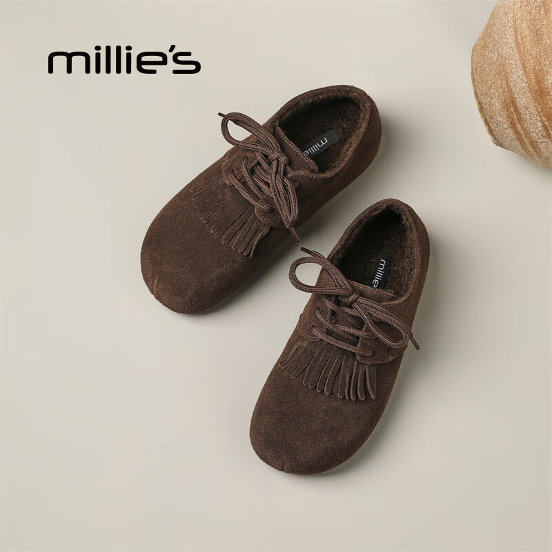妙丽勃肯鞋女平底加绒复古乐福鞋保暖潮流2025冬季新款百搭通勤单鞋 咖色 35 (225mm) 标准码
