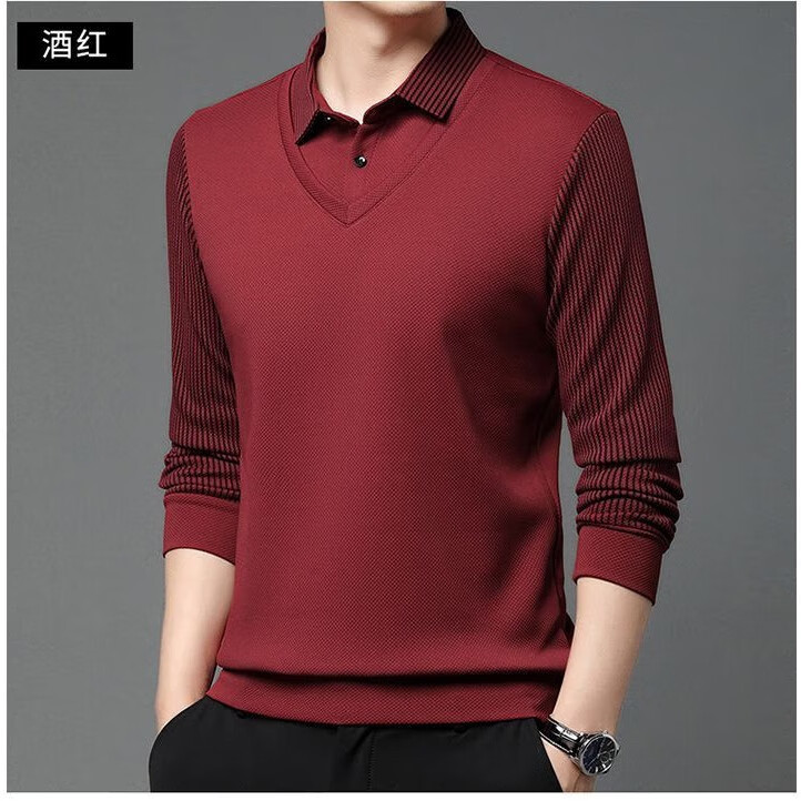 【年终大促】秋冬新款长袖假两件高档休闲打底翻领男POLO衬衫zcy 酒红色 加绒加厚 2XL 145-160斤