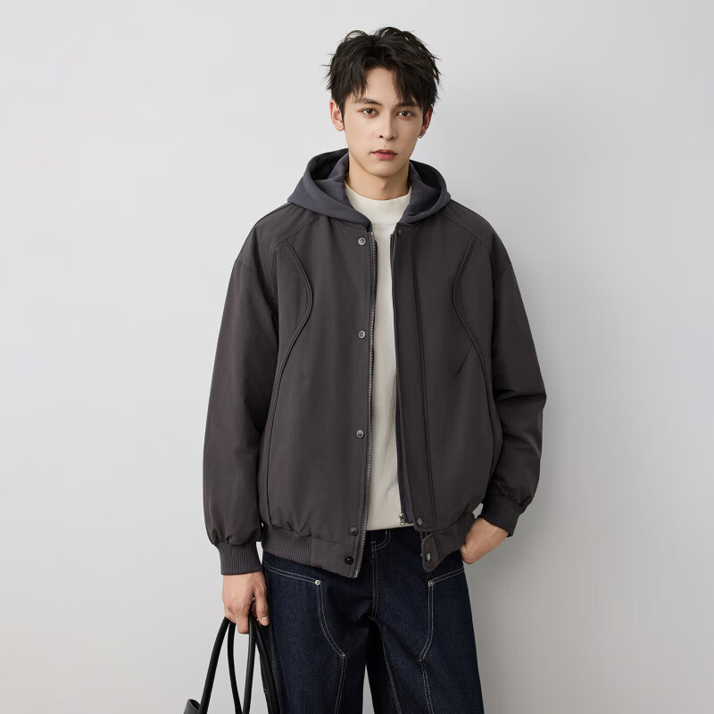 邦约恋人2025冬季美式高街解构设计感水洗连帽羽绒夹克男复古宽松连帽外套 黑色 W5917 L 121-145斤