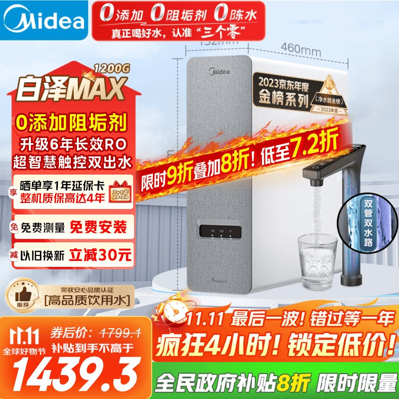 美的（Midea）【白泽Max 1200G】0阻垢剂净水器国家补贴家用 6年RO反渗透厨下式直饮过滤净水机 触控屏双出水