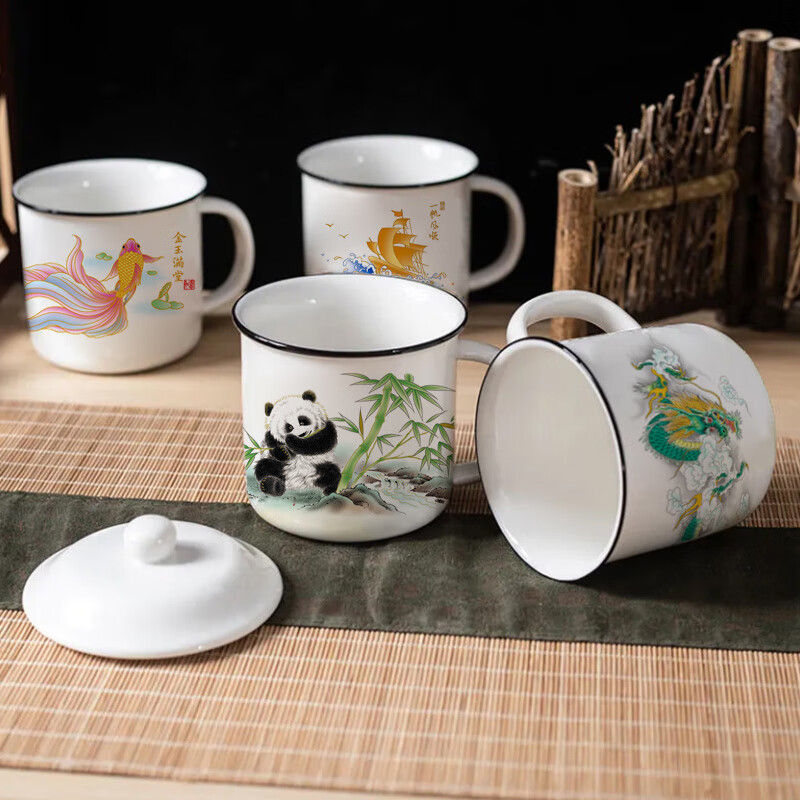 搪瓷杯怀旧大容量茶缸陶瓷水杯马克杯个性创意办公 一帆风顺【仿搪瓷杯+盖】 约450ml