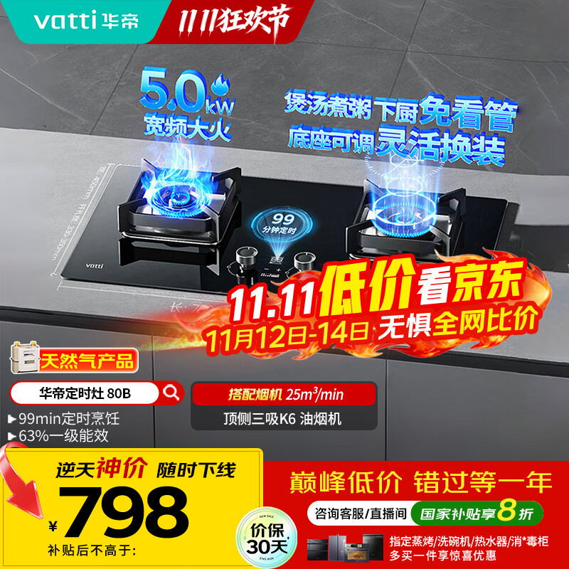 华帝（VATTI）国家政府补贴定时燃气灶天然气嵌入式5.0kW大火力猛火煤气灶双灶台灶具i10080B【天然气产品】