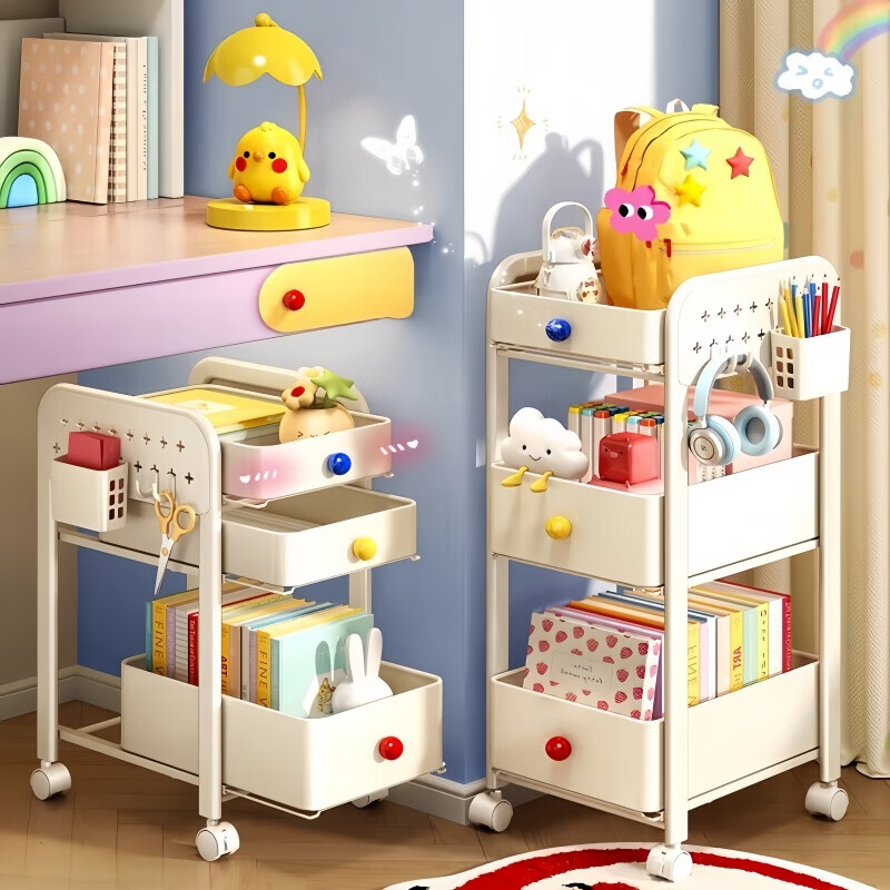 馨婺家书包置物架放书本零食收纳架家用多层桌下滑轮柜可移动夹缝小推车 经典款-双层1高1矮【挂钩*2收纳筒*1】