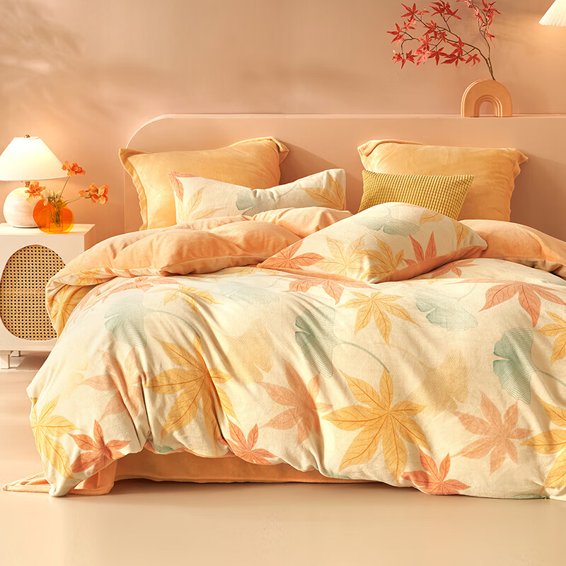 水星家纺百丽丝牛奶绒秋冬速暖床上四件套套件床单被套 秋水茗枫【加厚牛奶绒/A类品质】 1.5床 床单款 （被套200*230cm）