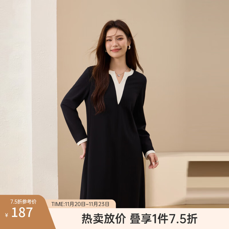 纤莉秀【撞色领口别致连衣裙】大码女装宽松显瘦过膝裙胖mm秋新款3849 黑白色 3XL