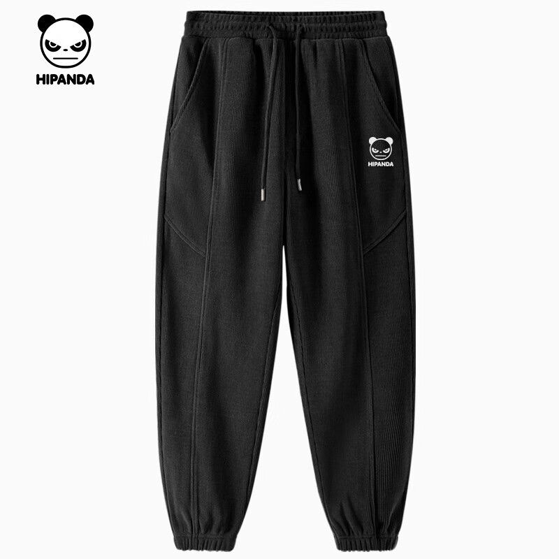 HIPANDA你好熊猫秋季新款重磅雪尼尔裤子美式高街挺括抗皱肌理男士束脚裤 【束脚裤】-黑#P熊猫白-厚板刻字膜 M