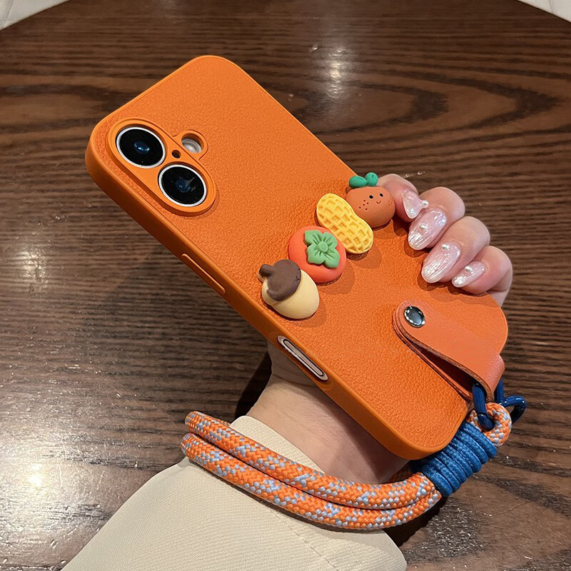 八脚兽适用苹果17手机壳新款橙素皮纹iphone16好事发生公仔15pro手提绳高级感14女款手腕绳13pro保护套 橙色素皮皮纹壳+好柿发生公仔+手提绳 iPhone 13 Promax