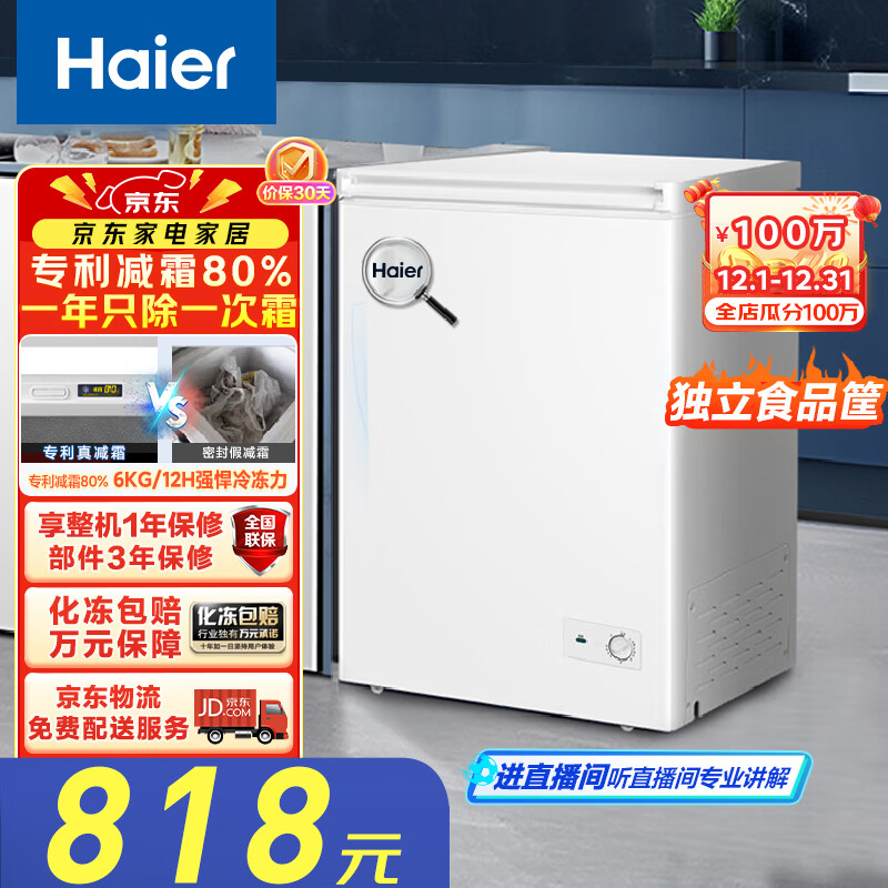 海尔（Haier）冰柜家用商用大容量小冰箱小型100/200/300升以上小冷柜一级能效节能冷藏柜冷冻柜以旧换新 减霜80% ｜一级能效节能 100L -30°C