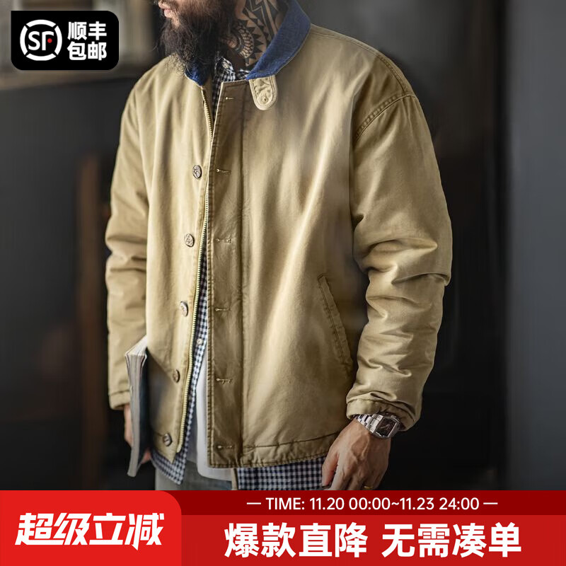 马登工装美式复古N1甲板棉服男士短款棉衣秋冬棉袄立领夹克外套男款 旧卡其 （洗褪版） L