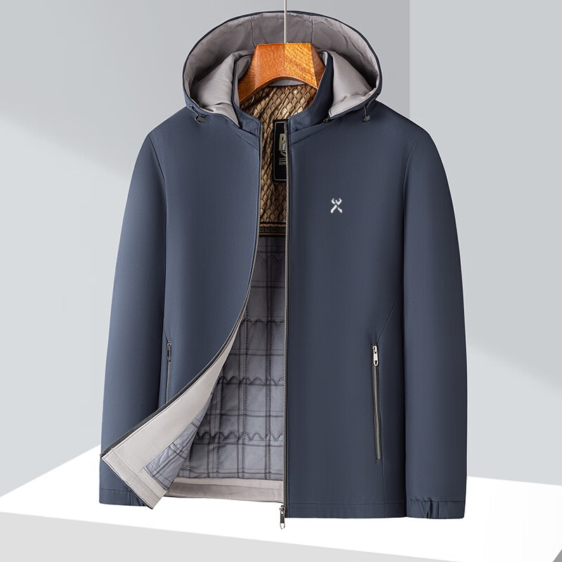 KBHONG劲霸春秋新款夹克休闲保暖夹棉外套中老年轻奢商务可拆卸连帽棉衣 藏青夹棉 4XL 建议体重【180斤以上】