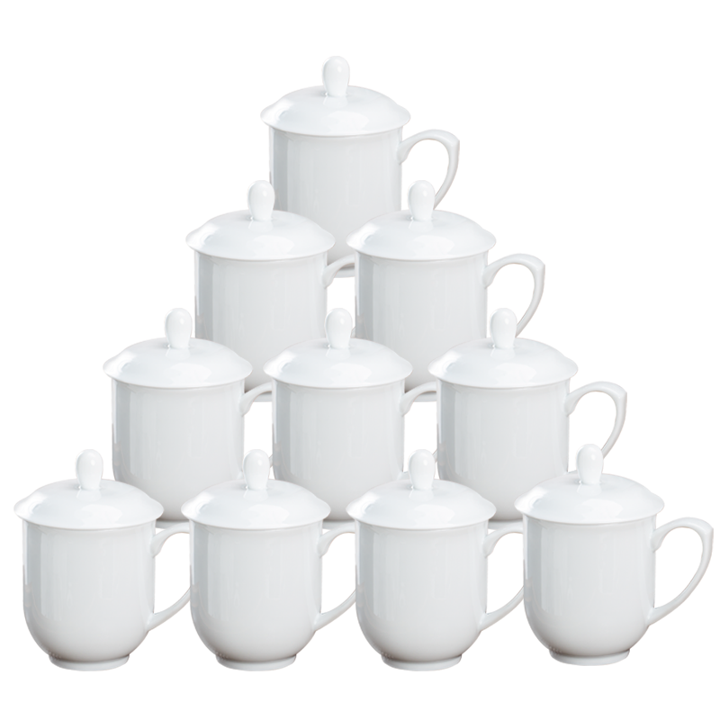 陶相惠景德镇陶瓷茶杯高白瓷玉泥会议水杯纯白带盖开会杯子10只茶杯套装