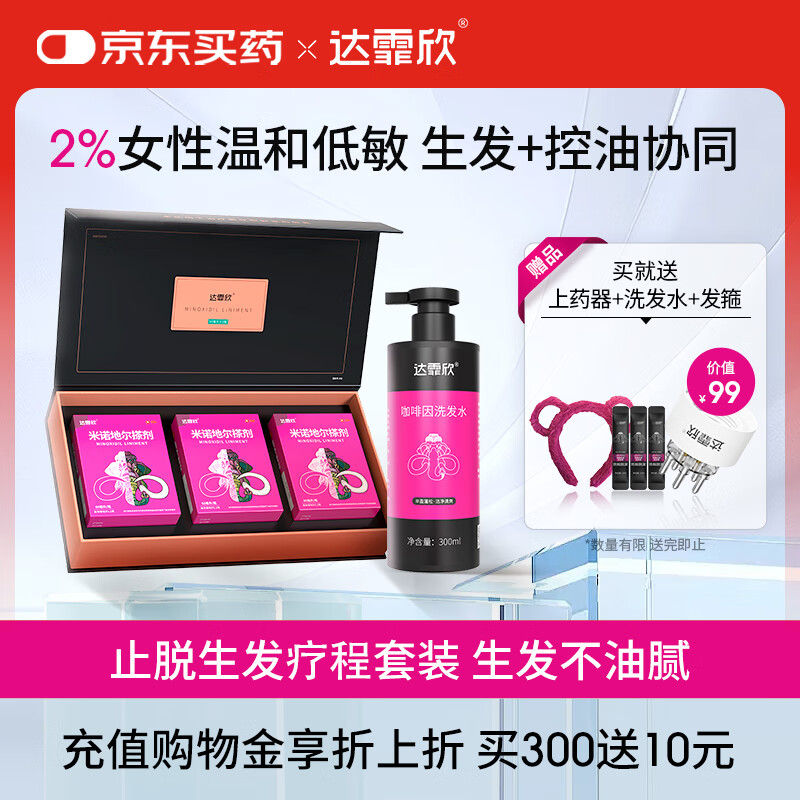 【治脱生发CP套装】 达霏欣米诺地尔酊搽剂女士2%浓度60ml*3礼盒装+咖啡因丰盈蓬松强韧发丝控油洗发水300ml组合