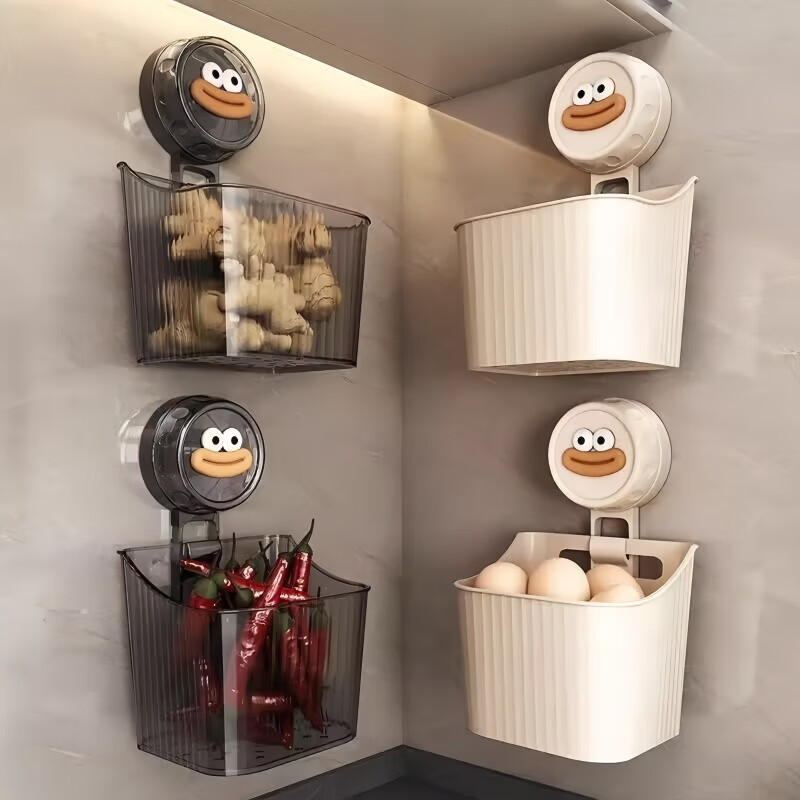 馨婺家厨房吸盘葱姜蒜收纳盒置物架壁挂生姜大蒜挂篮免打孔蒜头收纳挂篮 枪灰色-单层【沥水通风】