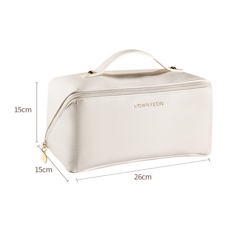 朗顏(Rownyeon)PU皮提手化妝包便攜式收納大容量2025新款擋水洗 奶油白枕頭化妝包