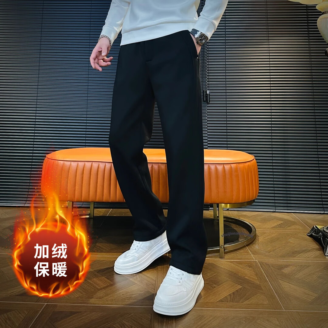 【专柜正品】男士冬季高端轻奢时尚潮流舒适简约加绒直筒休闲裤C 黑色 【加绒加厚】 L （建议110-130斤）
