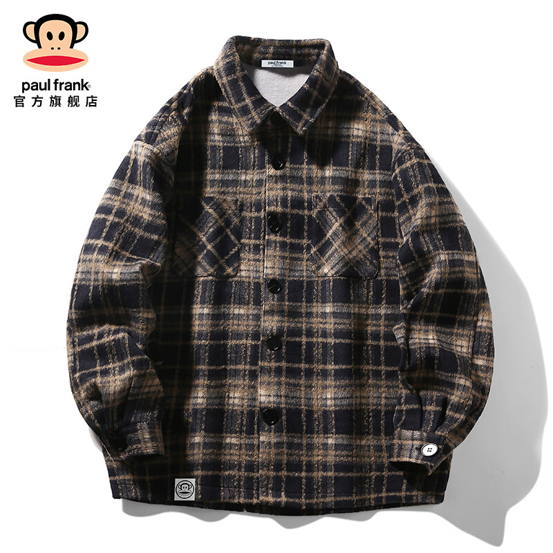 大嘴猴（paul frank）本命新年格子衬衫男秋冬季新款潮牌宽松衬衣休闲百搭圣诞工装上衣 黑色 【官方正品】 XL 【建议125-145斤】