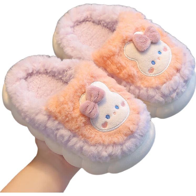 冬季儿童棉拖鞋男女童保暖防滑加绒亲子包跟中小童宝宝毛毛棉拖鞋 升级版天蓝兔子拖鞋 12 36/37码（适合35/36脚穿）