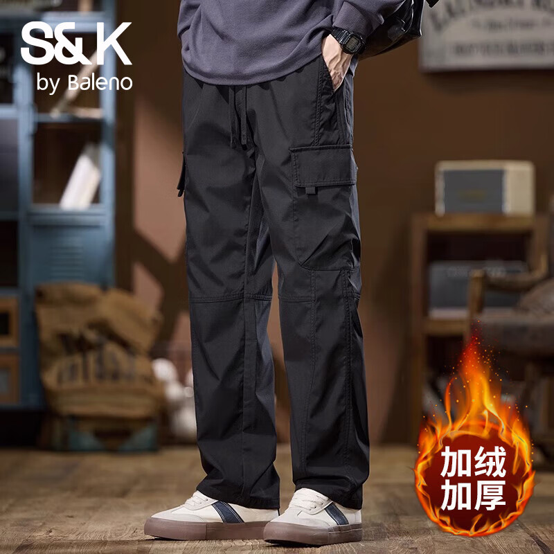 班尼路（Baleno）S&amp;K工装裤男款裤子男士休闲裤直筒2025新款宽松男裤秋季长裤男装 黑色（加绒款） 2XL 码 【商家推荐】150~165斤