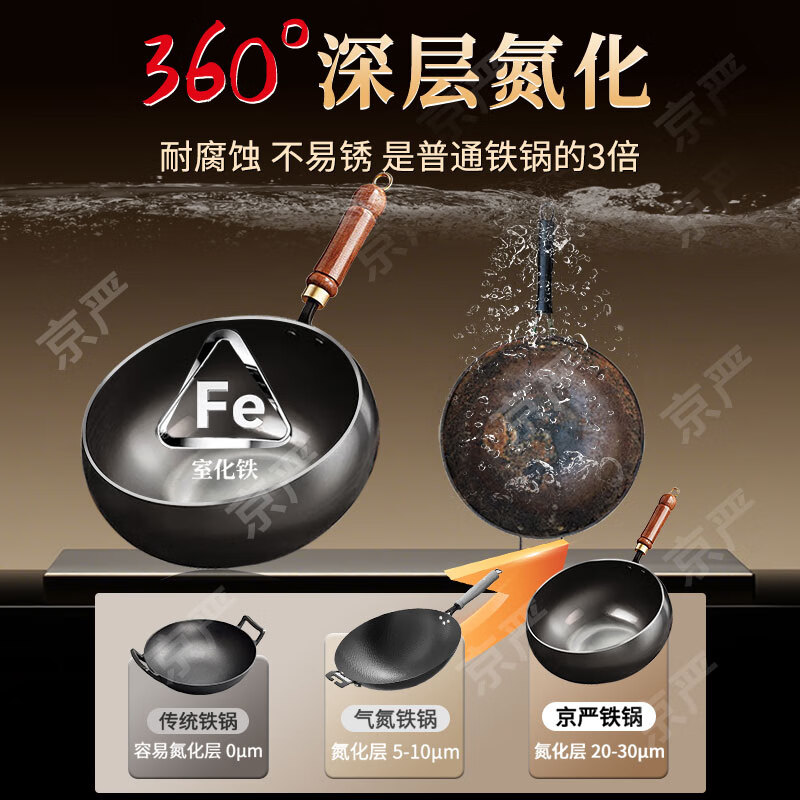 京严正宗经典大肚铁锅家用炒菜锅无涂层不粘锅电磁炉燃气灶专用已开锅 【三次开锅发货】适用1-3人 24cm 【山东老字号铁锅技术|百年传承】
