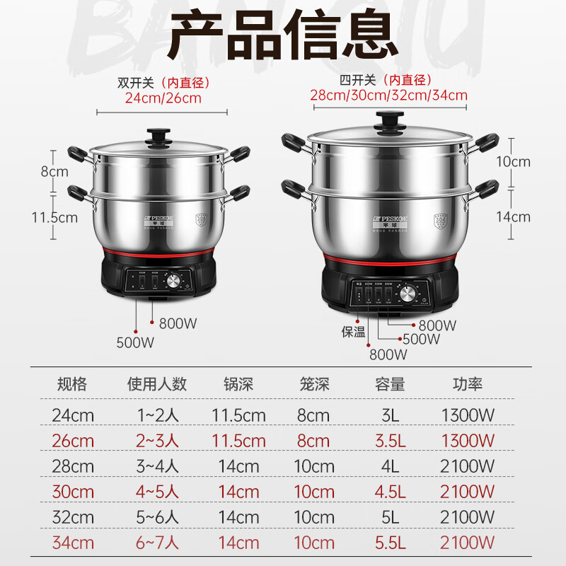 半球（PESKOE）电炒锅电火锅电蒸锅电煮锅加厚电炖锅炒菜锅多功能锅多用途锅大功率大容量蒸笼整锅304不锈钢 5.5L 【整锅304】34CM【双蒸笼】定时款