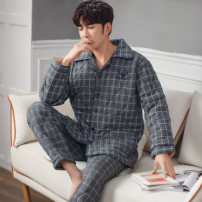 chunnian男士睡衣秋冬季珊瑚绒三层加厚夹棉中长款超厚爸爸保暖加绒家居服 8096 XL 京东折扣/优惠券