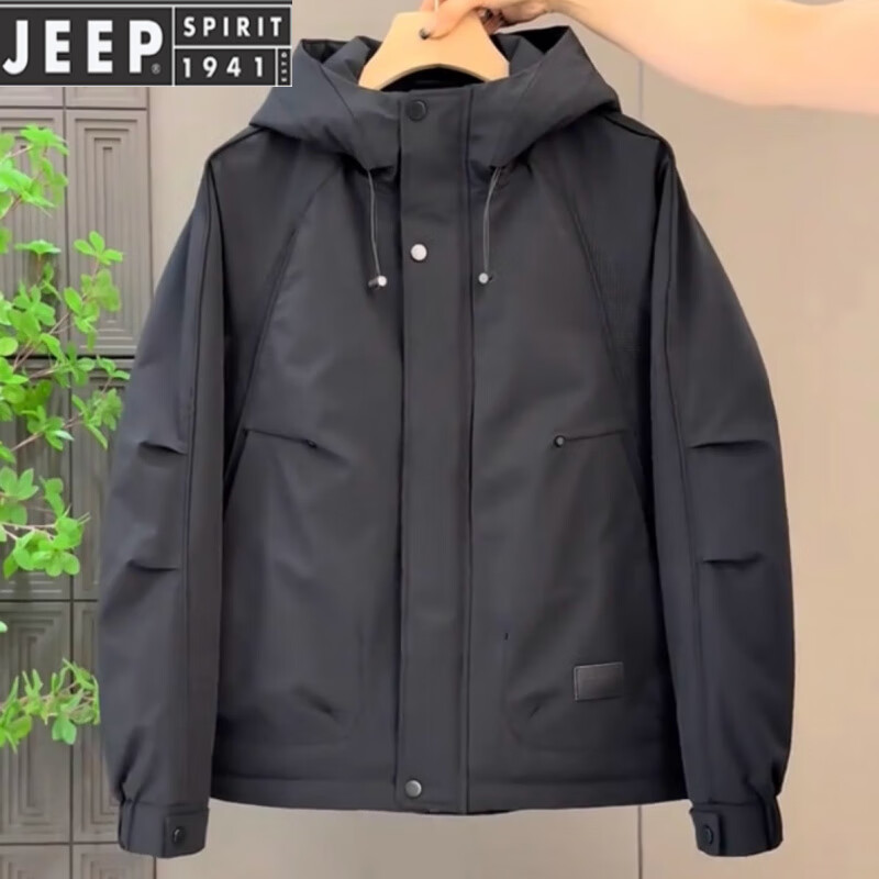 JEEP SPIRIT二棉外套男士冲锋衣连帽工装帅气青年百搭休闲棉衣男款夹棉夹克男 黑色 3XL 建议体重170-185斤