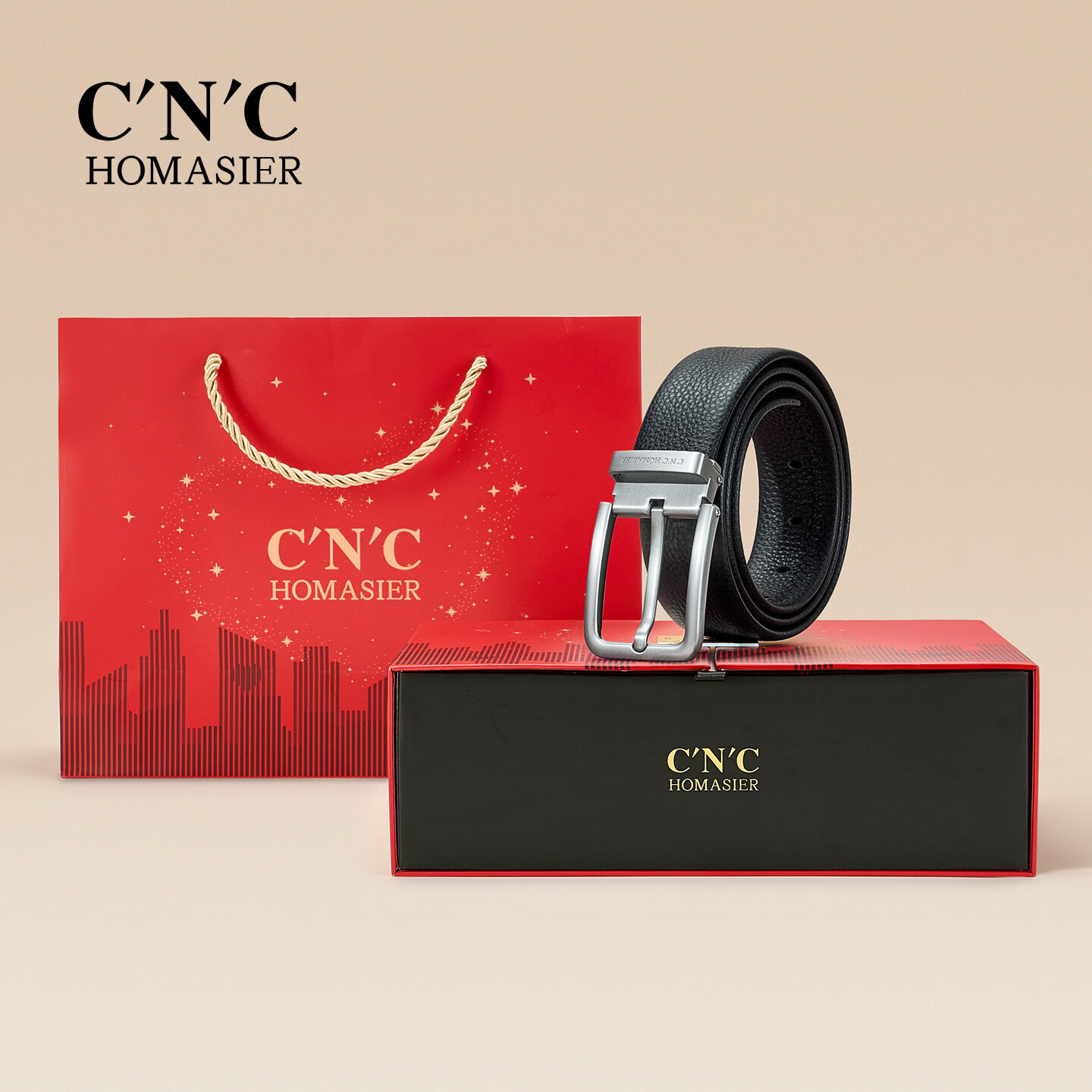 C'N'C·HOMASIER男士皮带时尚牛皮腰带休闲商务针扣真皮品牌轻奢松紧带裤腰带正品 头层牛皮-哑枪【可代写贺卡+高档盒】 110cm