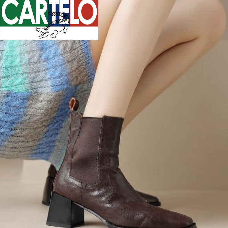 卡帝乐鳄鱼女鞋英伦风马丁靴2025年秋冬季新款复古单靴切尔西粗跟方头短靴女 高帮深棕色高 帮 35