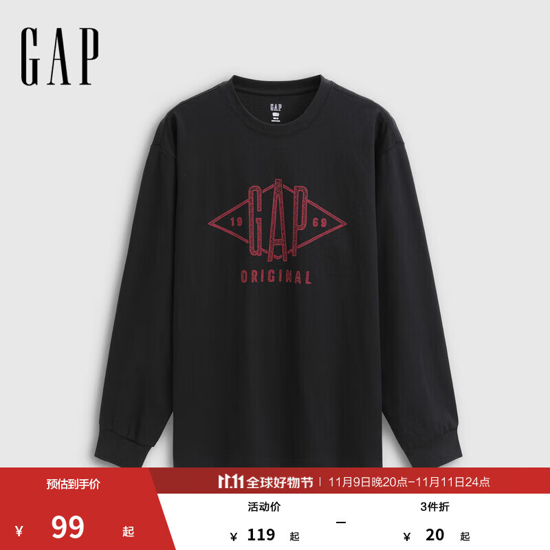 GAP男女装2025秋季新款印花logo纯棉宽松圆领长袖T恤上衣786879 黑色 L (175/96A)亚洲尺码