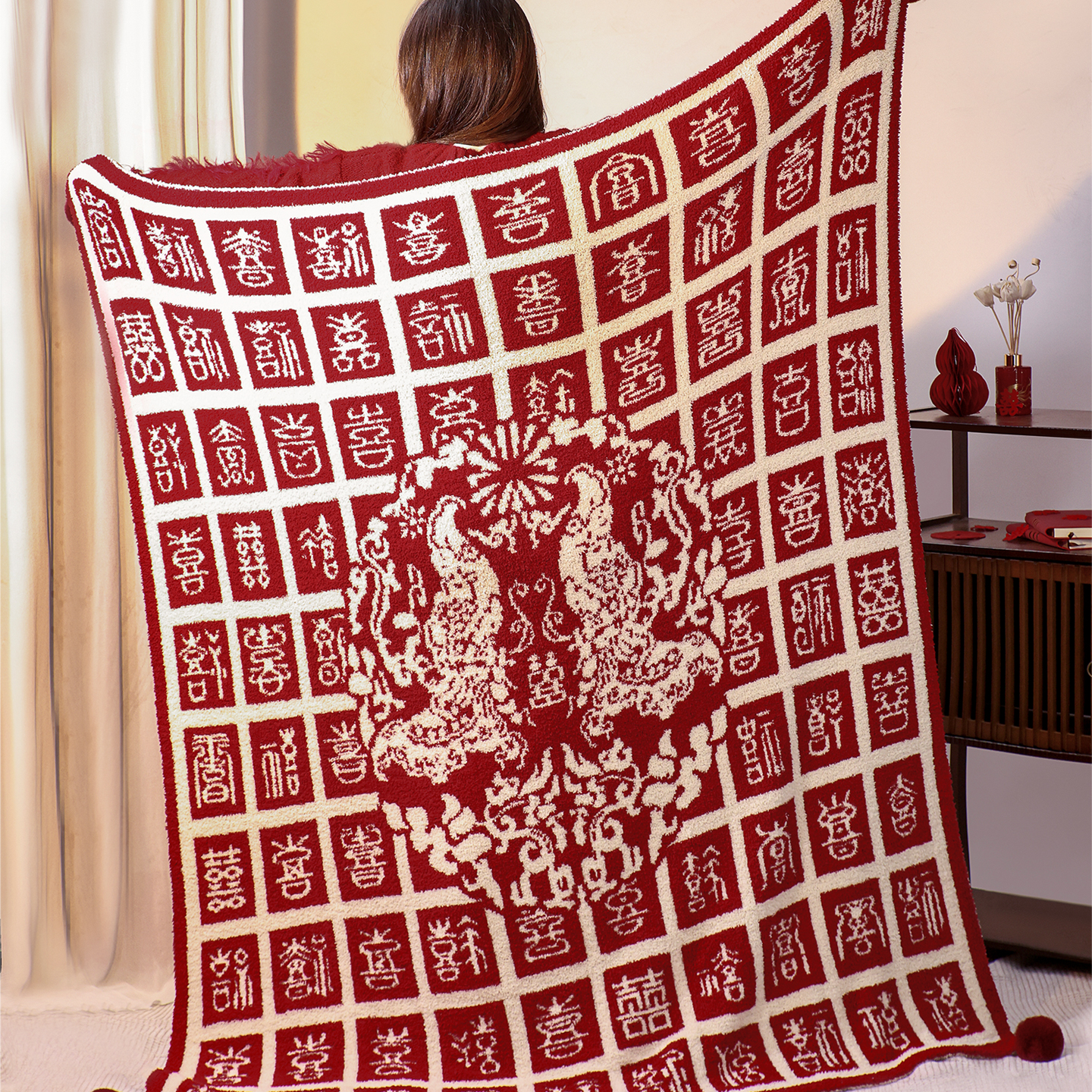 上新了文创 故宫百喜毯沙发盖毯 结婚订婚新人毯送闺蜜新婚礼物 相逢见禧