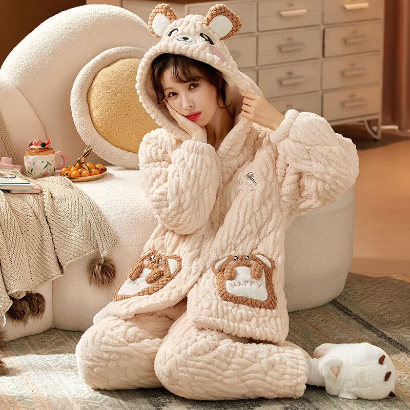 chunnian女士睡衣女冬季保暖珊瑚绒加厚加绒三层夹棉法兰绒带帽家居服套装 XEQN-2381【外套+裤子】 2XL