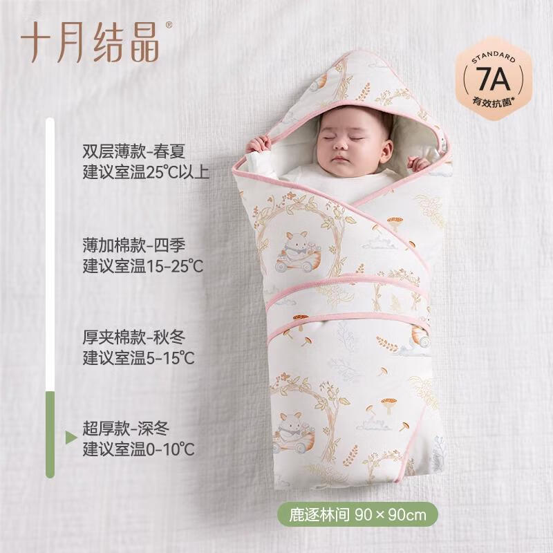 十月结晶新生婴儿包单舒适夹棉初生宝宝产房全棉襁褓裹布包巾包被 鹿逐林间深冬款7A抗菌建议 90x90cm