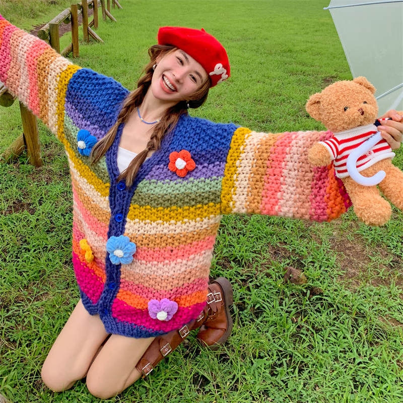 CLOUD SEASON彩虹手打开衫毛衣开衫外套女2025新款毛衣开衫慵懒风针织衫厚毛衣 彩虹色 S