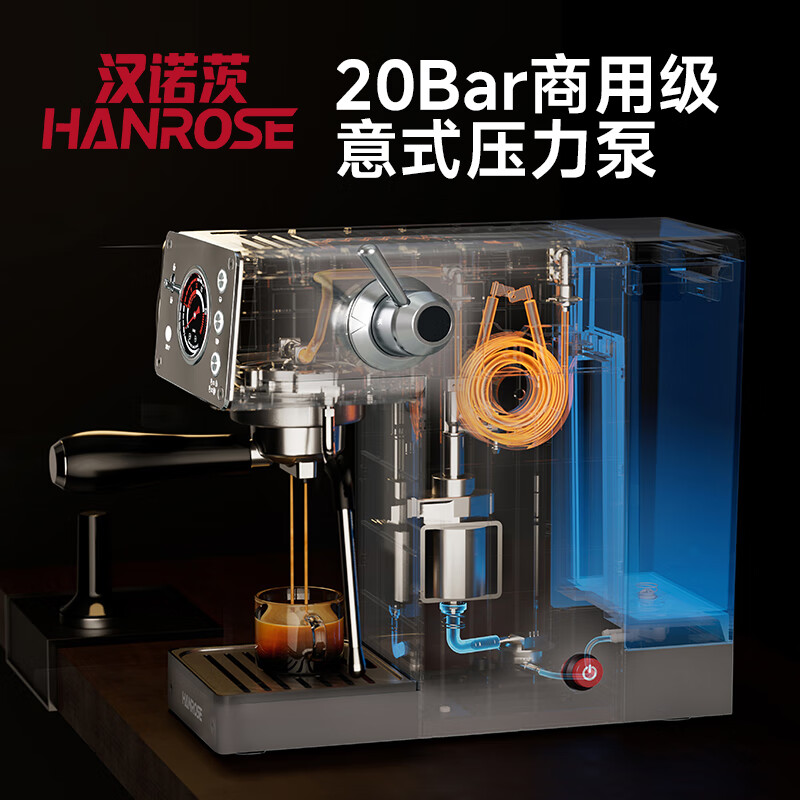 Hanrose意式咖啡机小型咖域精萃02 小型咖啡机复古迷你家用办公 半自动浓缩打奶泡一体机 TCMA01A-3C 20Bar意式咖啡机 意式咖域精萃02