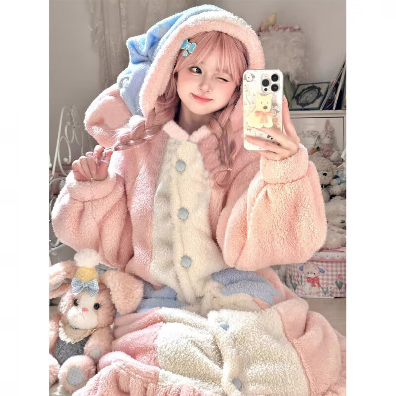 翱优momo兔睡袍 甜美粉色珊瑚绒睡衣女冬季加绒加厚ins学生冬天居家服