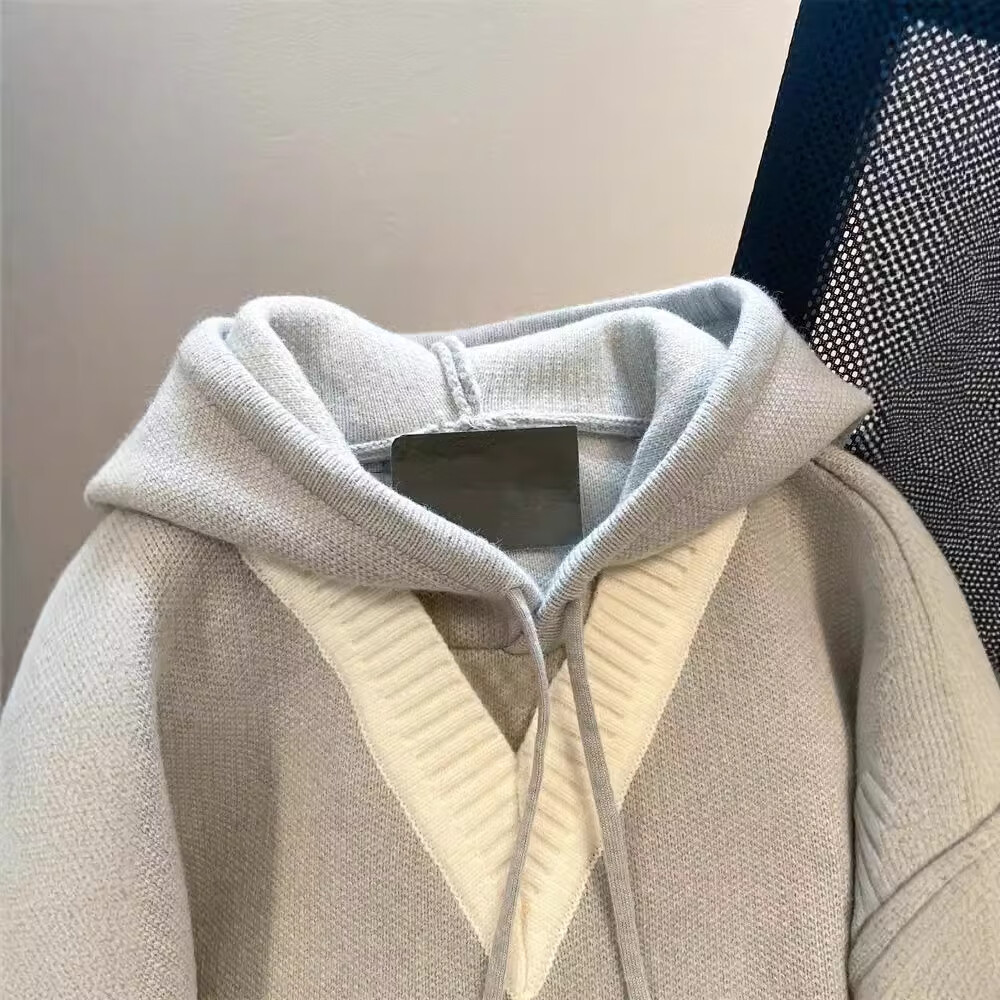 美式设计感小众撞色连帽针织卫衣男女潮牌vintage假两件毛衣外套 灰色 2XL