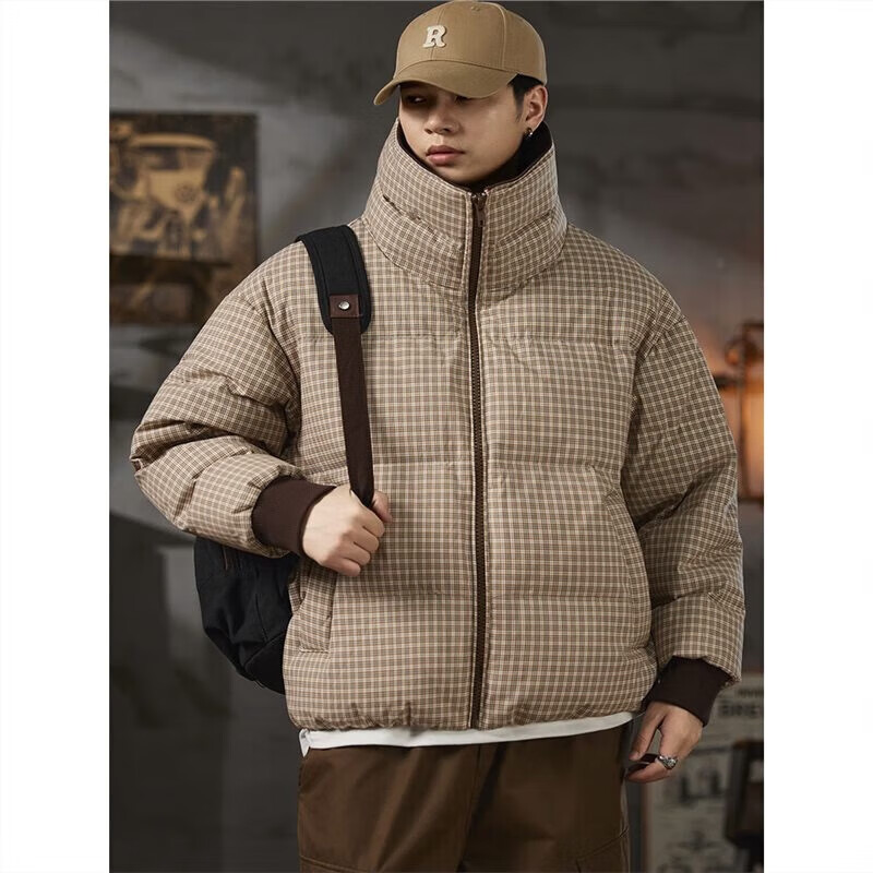 邦约恋人复古格纹翻领90鸭绒羽绒服男2025新款冬季潮牌宽松休闲面包服外套 格子咖 GY7310 3XL 建议体重 181-205斤