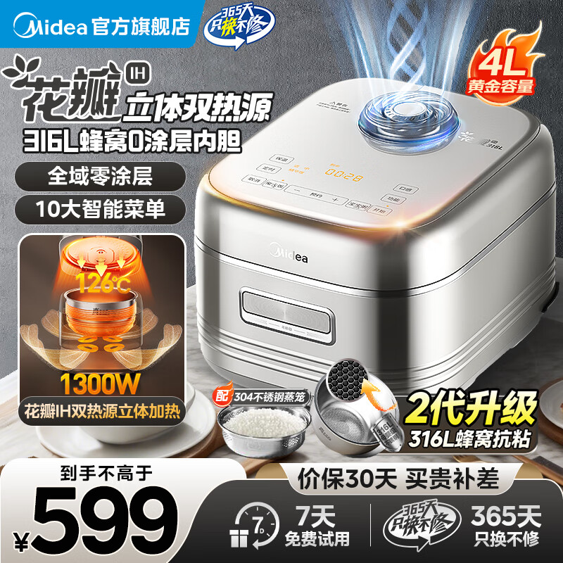 美的（Midea）电饭煲0涂层4升316l锈钢内胆电饭锅家用4-5-6-8人 多功能智能预约多种口感可调微压米饭锅国家补贴 【全域无涂层 健康好米饭】 4L